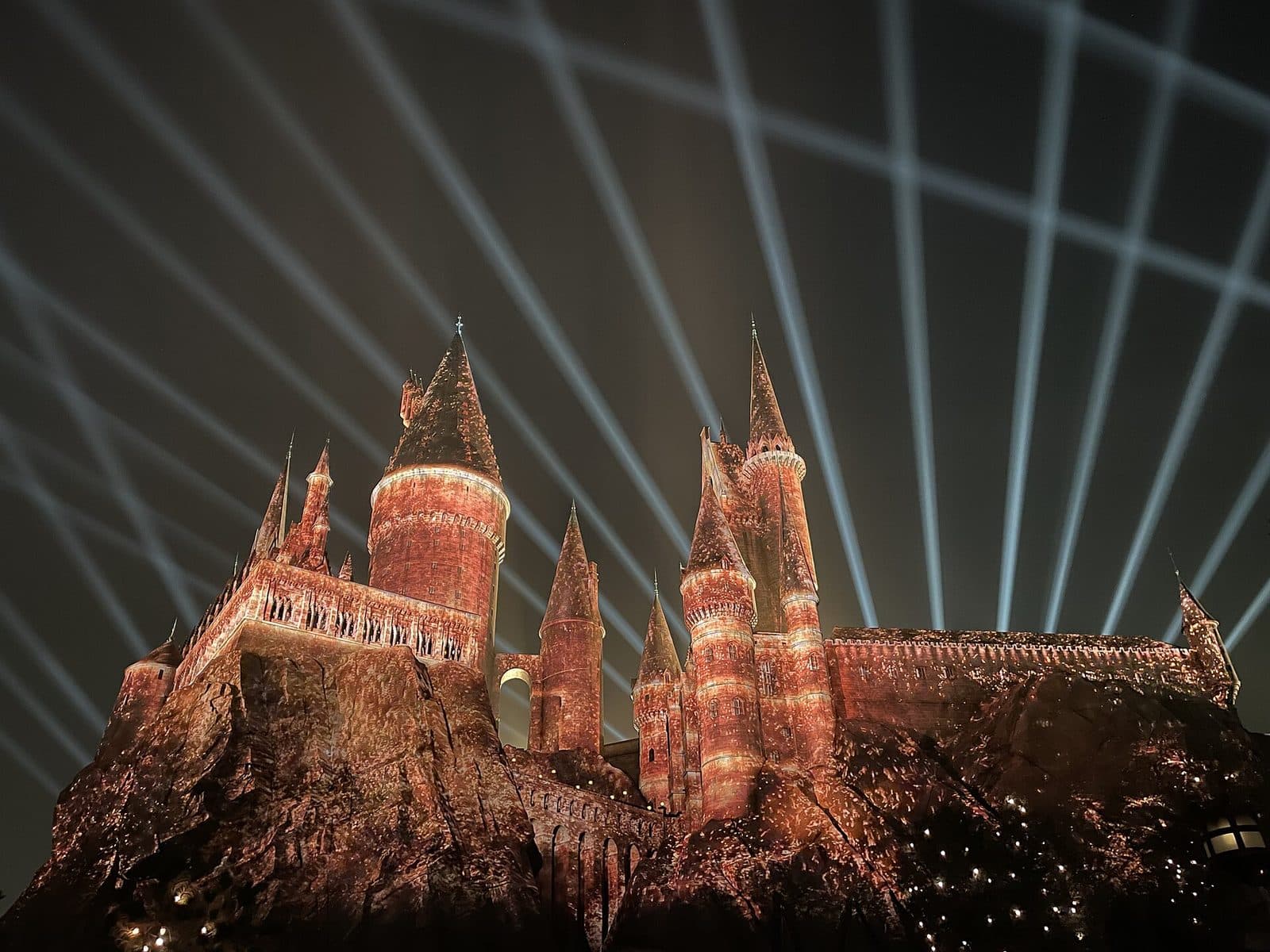 Nighttime projection on Hogwarts Castle at Universal Beijing Resort