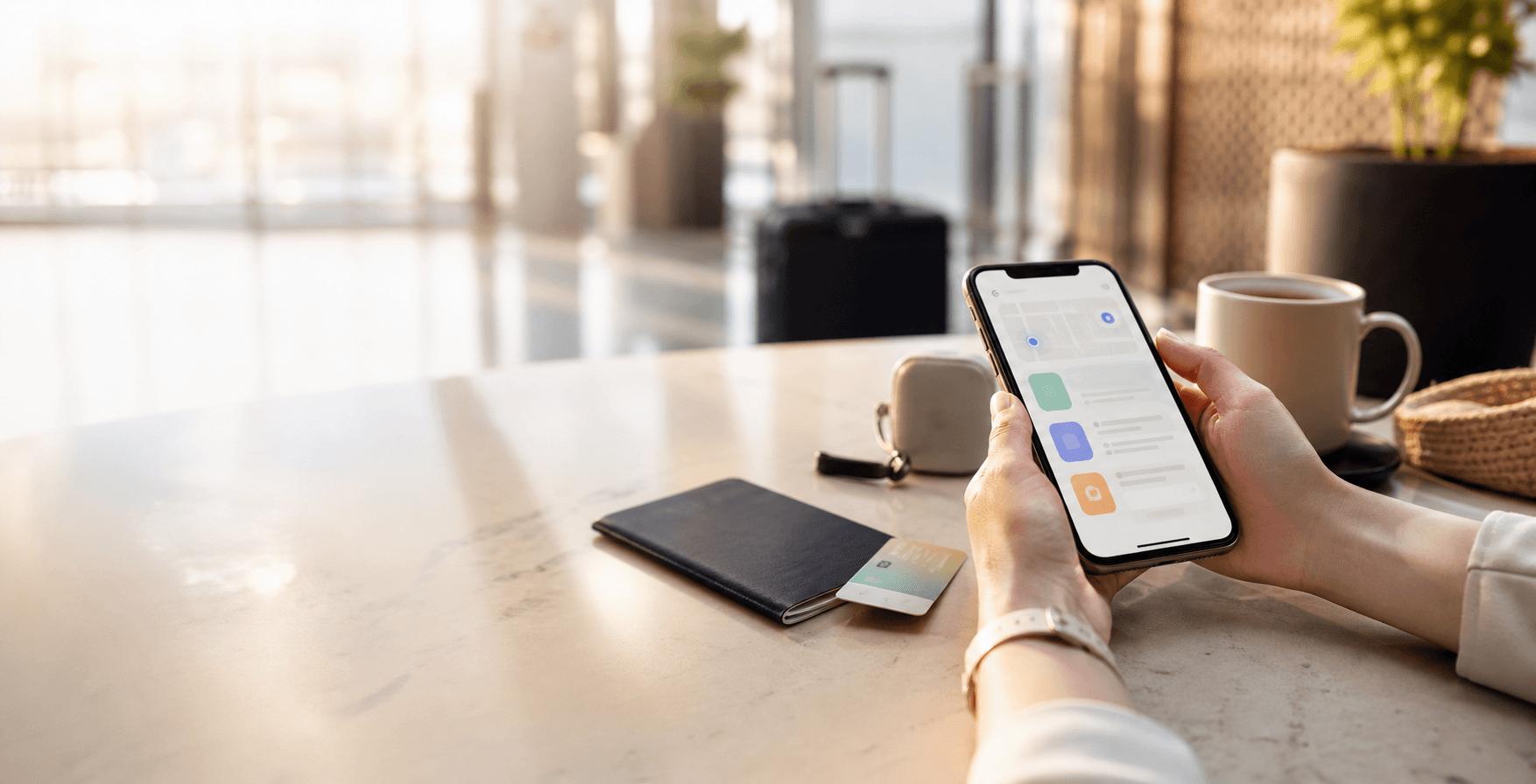 Travel phone setup scene with a smartphone and trip essentials