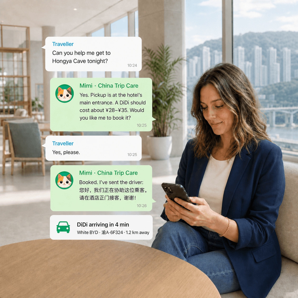 Traveller receiving real-time China travel support on WhatsApp