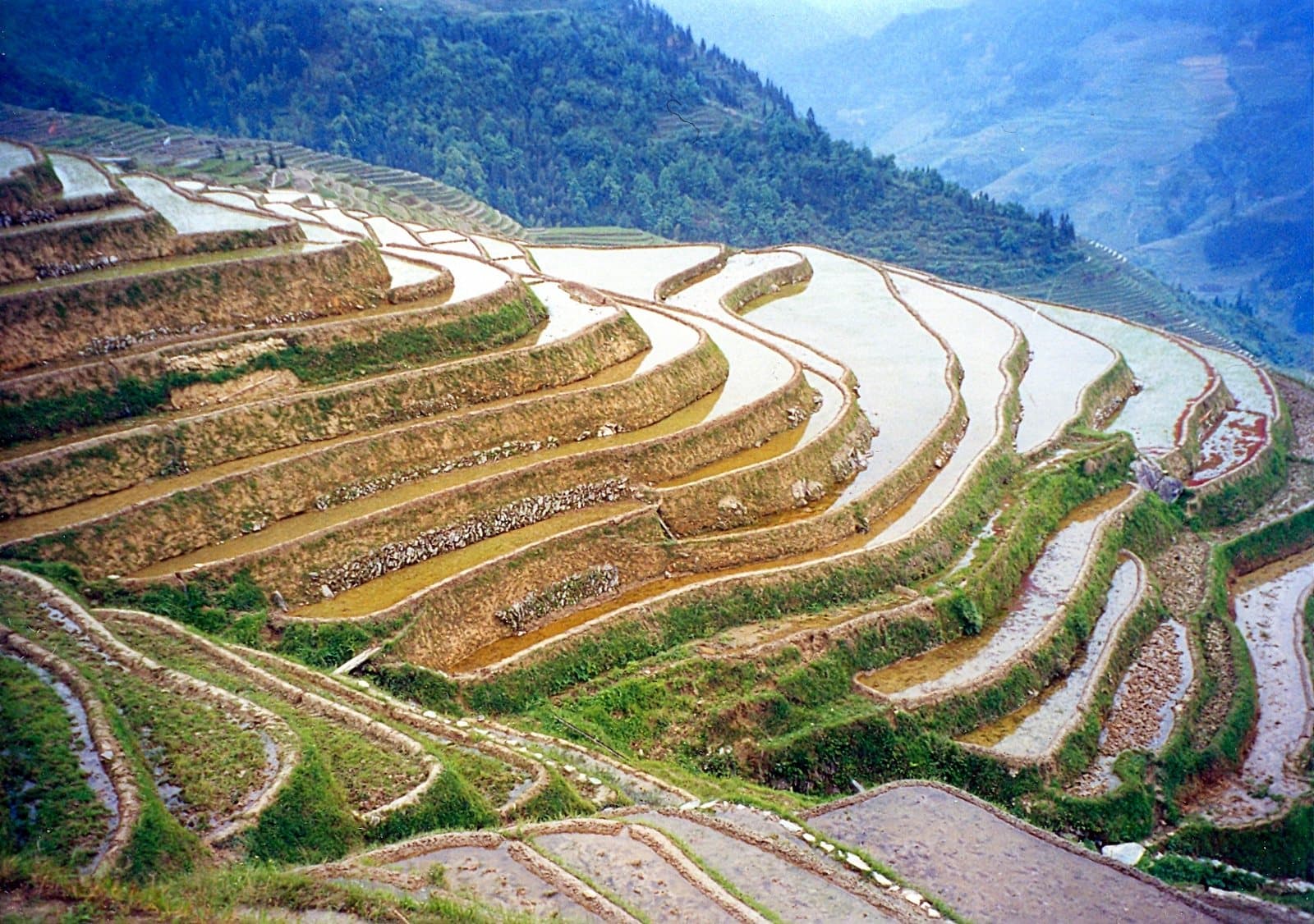 Layered rice terraces and mountain villages at Longji — view 1