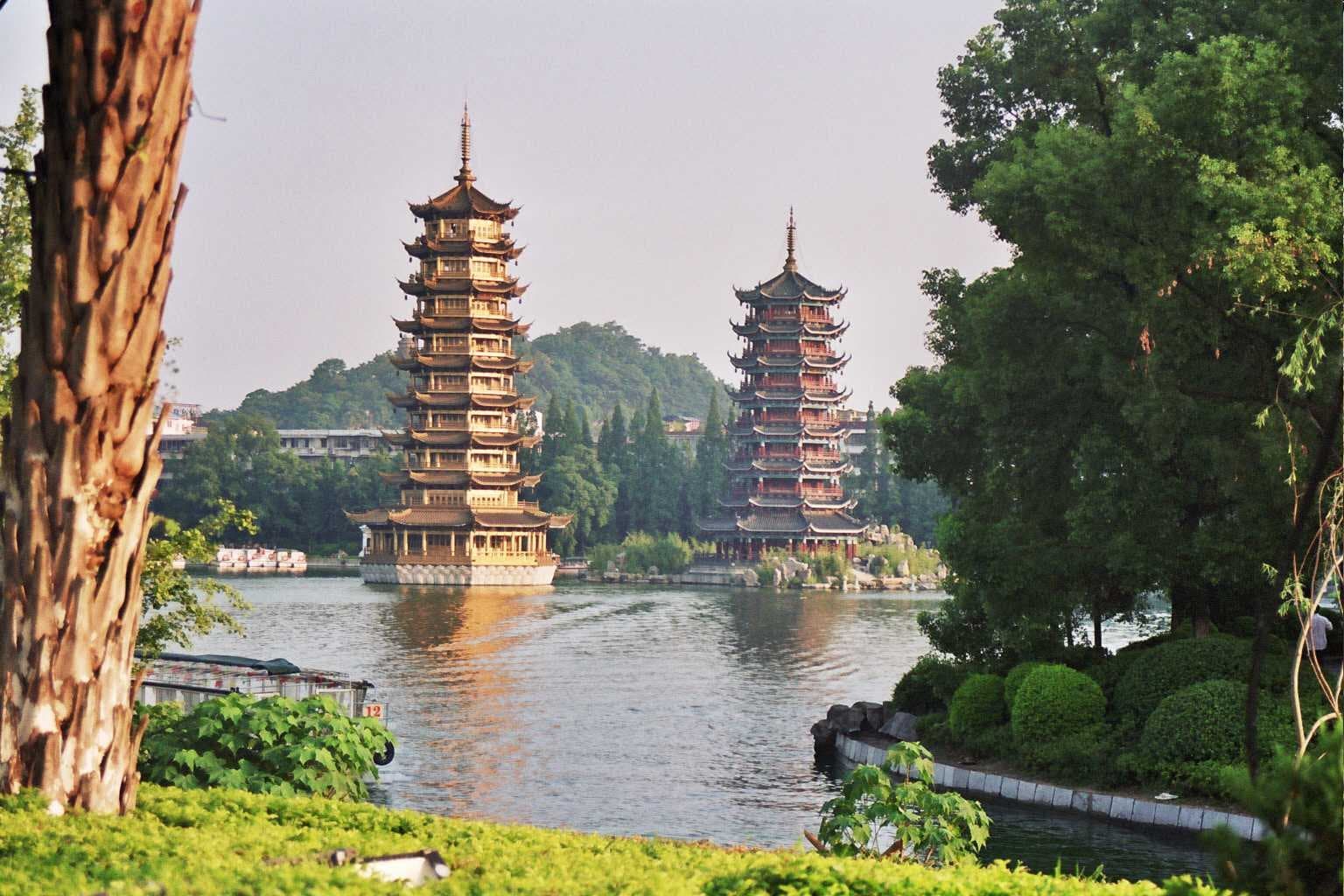 Lakes, pagodas and waterfront scenery in central Guilin — view 1