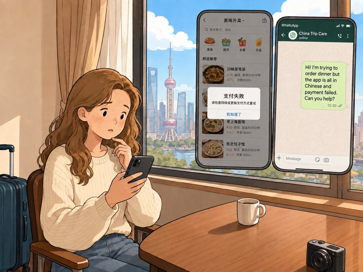 WhatsApp conversation with a traveler sending a screenshot in Chinese